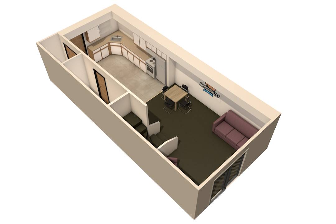 Image of the first floor of a laker village 2 bedroom 2 person  or 2 bedroom 4 person floor plan